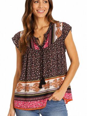 DR2 Dani Romer Floral Boho Peasant Blouse Small Pink Orange Mixed Print Top
